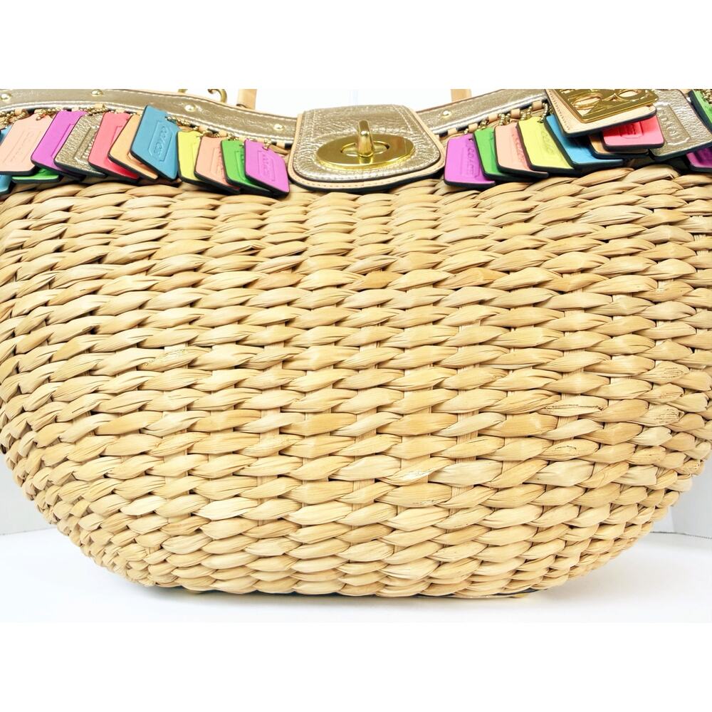 Coach Leather Hangtag Straw Basket Hamptons Weekend Tote Multicolor 70th Anniver - Picture 7 of 16